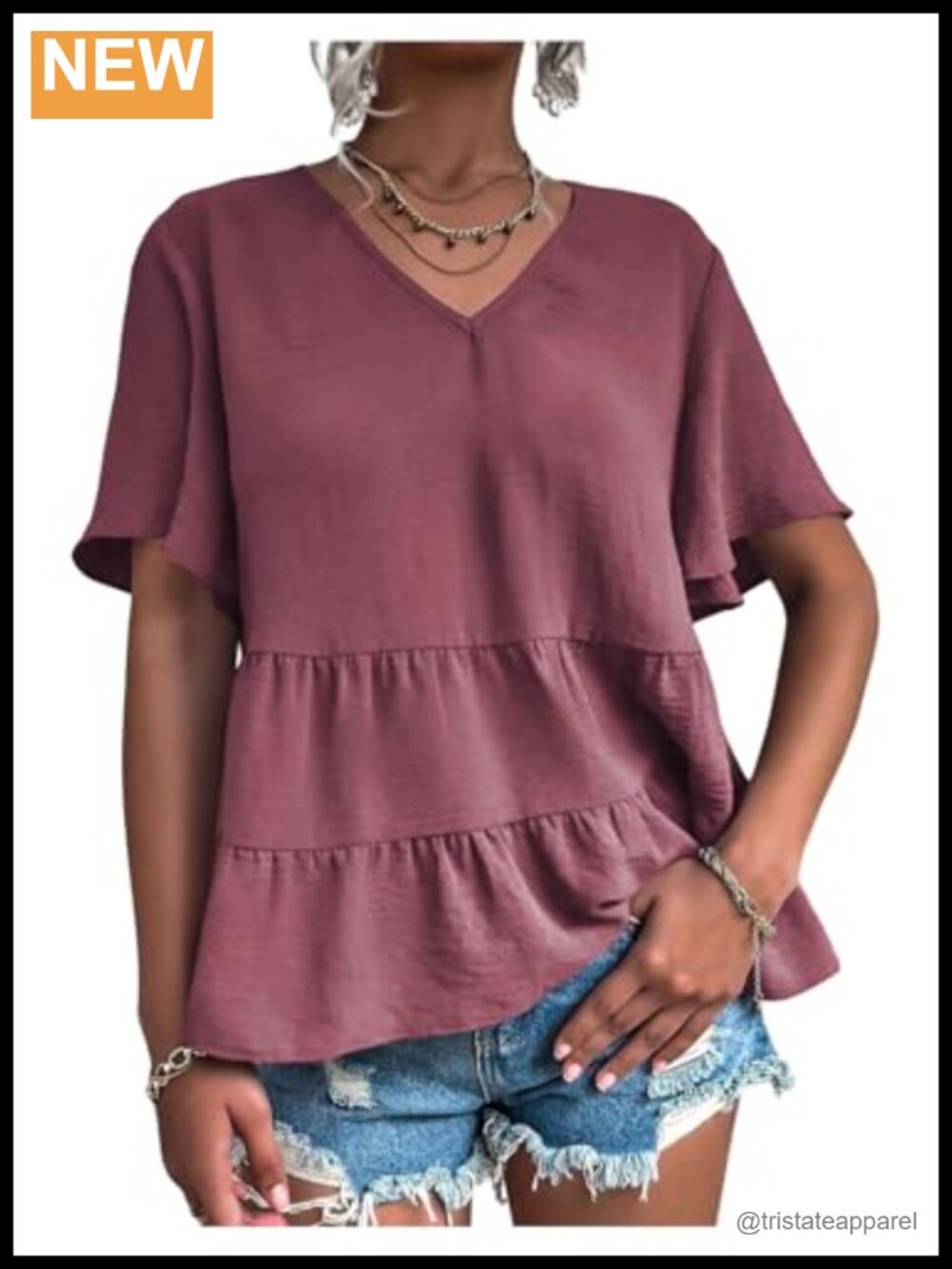 Women's Ruffle Sleeve Babydoll V Neck Blouse Flowy Peplum Top Relaxed Fit
